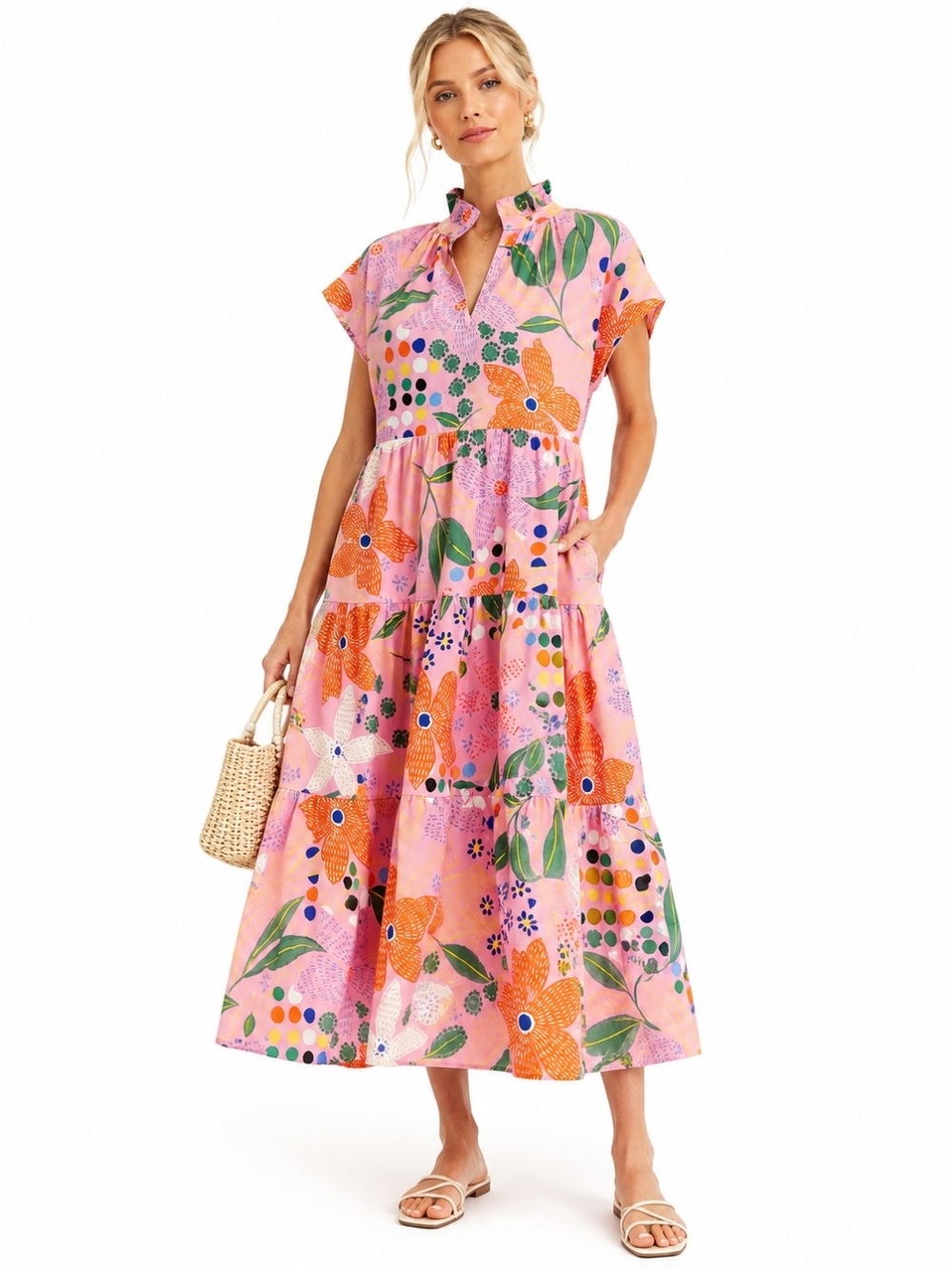 PINCH Pink Floral Tiered Midi Maxi Dress Cotton Cottagecore Resortwear M